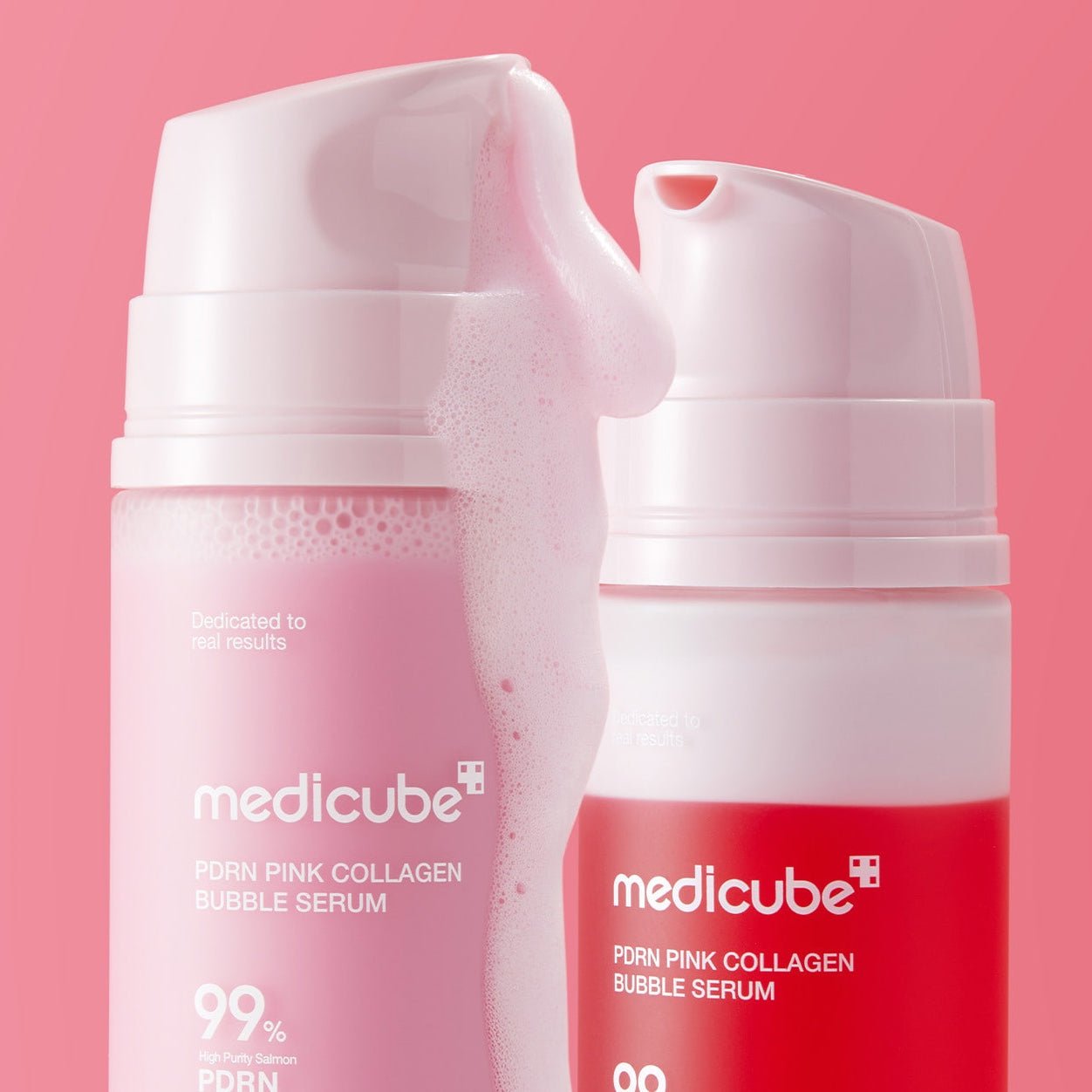 MEDICUBE PDRN Pink Collagen Bubble Serum on pink background