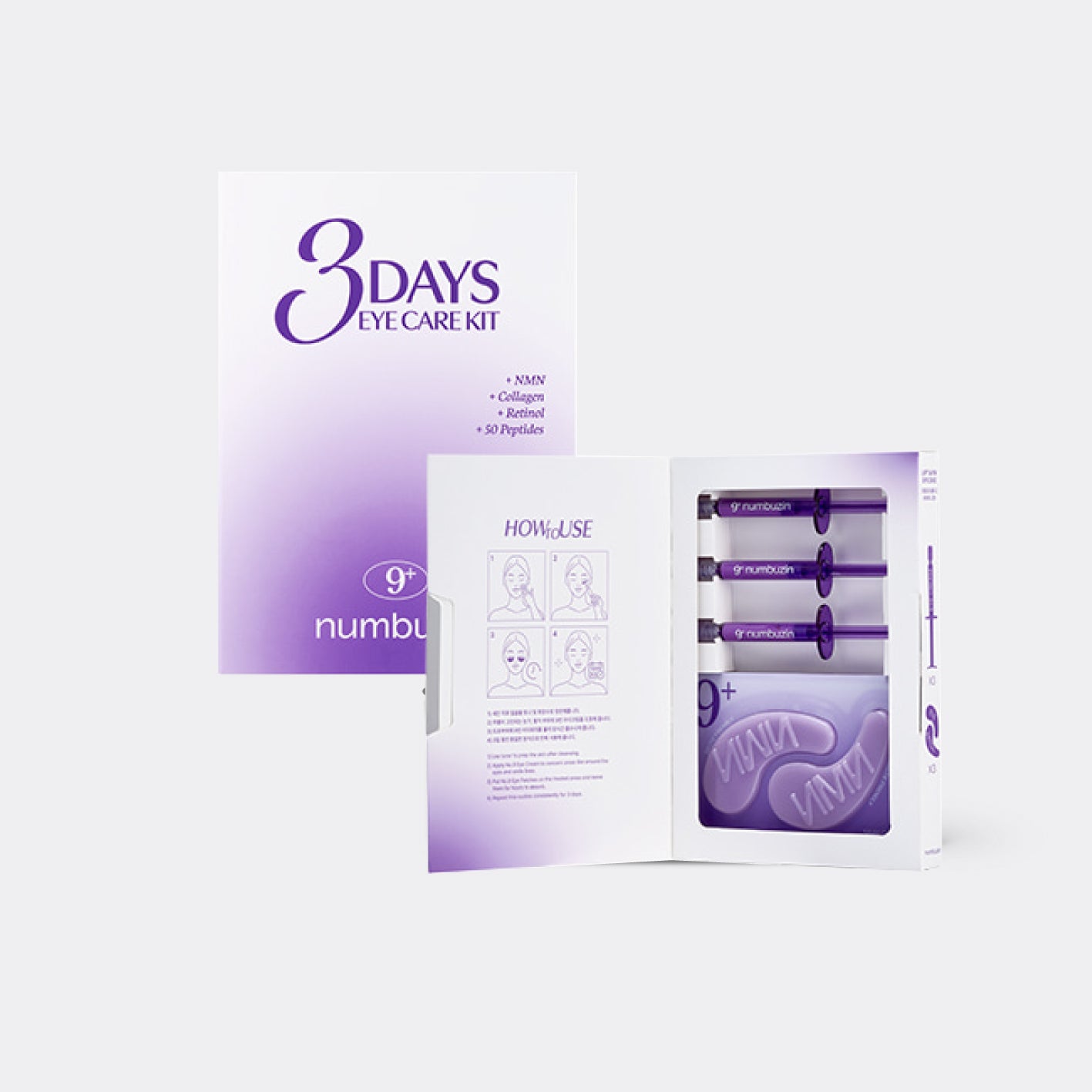 numbuzin No.9 3 Days Eye Care Kit packaging with purple and white design on a light gray background