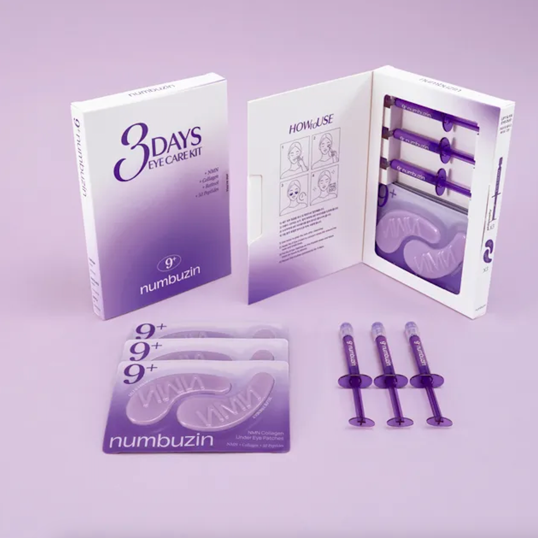 Numbuzin 3 Days Eye Care Kit with syringes and packaging on a light purple background
