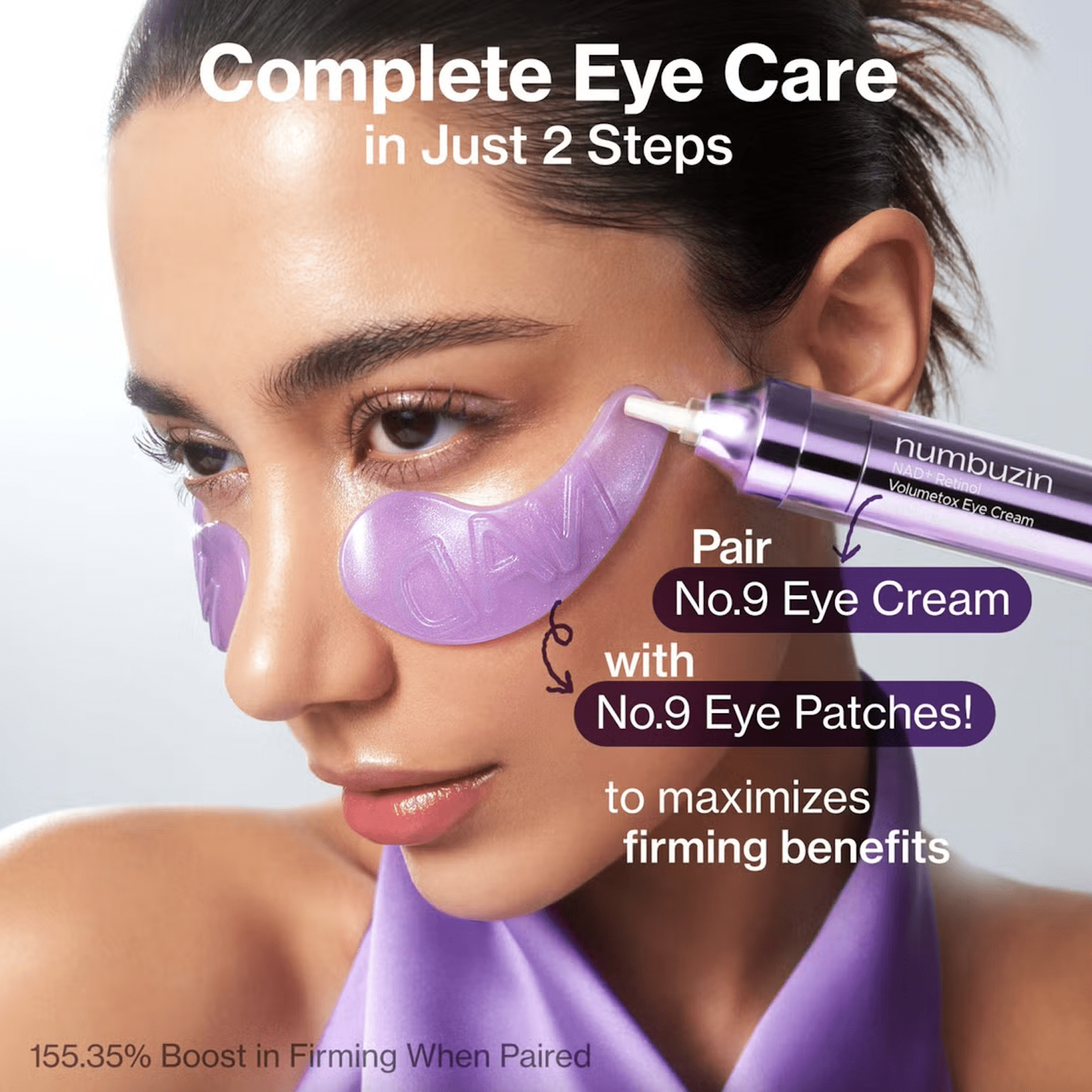 Woman applying numbuzin eye cream with text about complete eye care in two steps