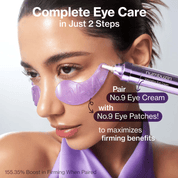Woman applying numbuzin eye cream with text about complete eye care in two steps