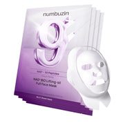 A stack of numbuzin NAD+ Bio Lifting Full Face Mask sheet packaging in white and purple, with a single white sheet mask displayed in front on a clean white background.
