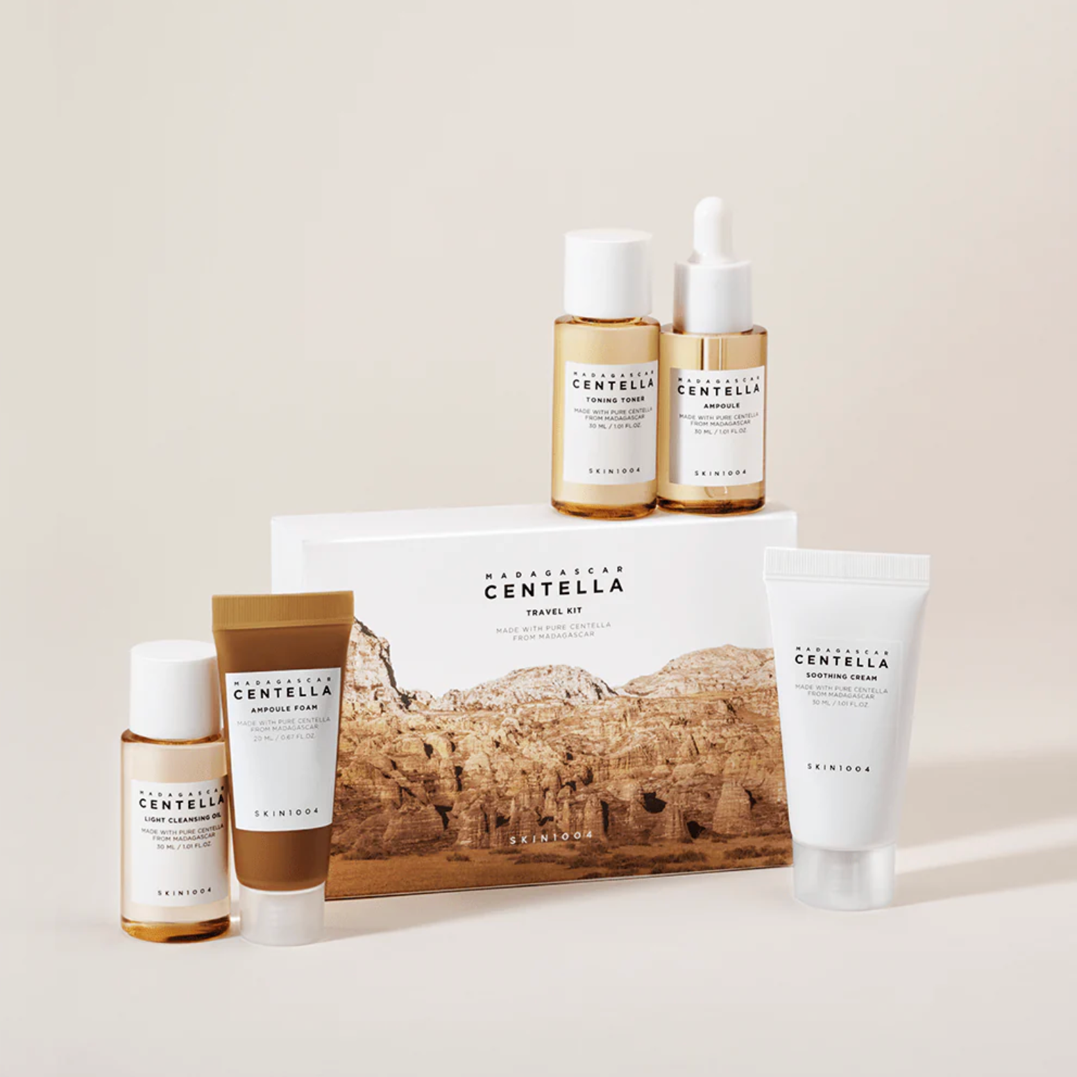 SKIN1004 Madagascar Centella Travel Kit, Toner, Ampoule, Soothing Cream, Cleansing Oil, Ampoule Foam, Basic Skincare Box, Compact Size, Gift Sets, Mothers Day Gifts for Mom Gifts for Women, Trial Kit